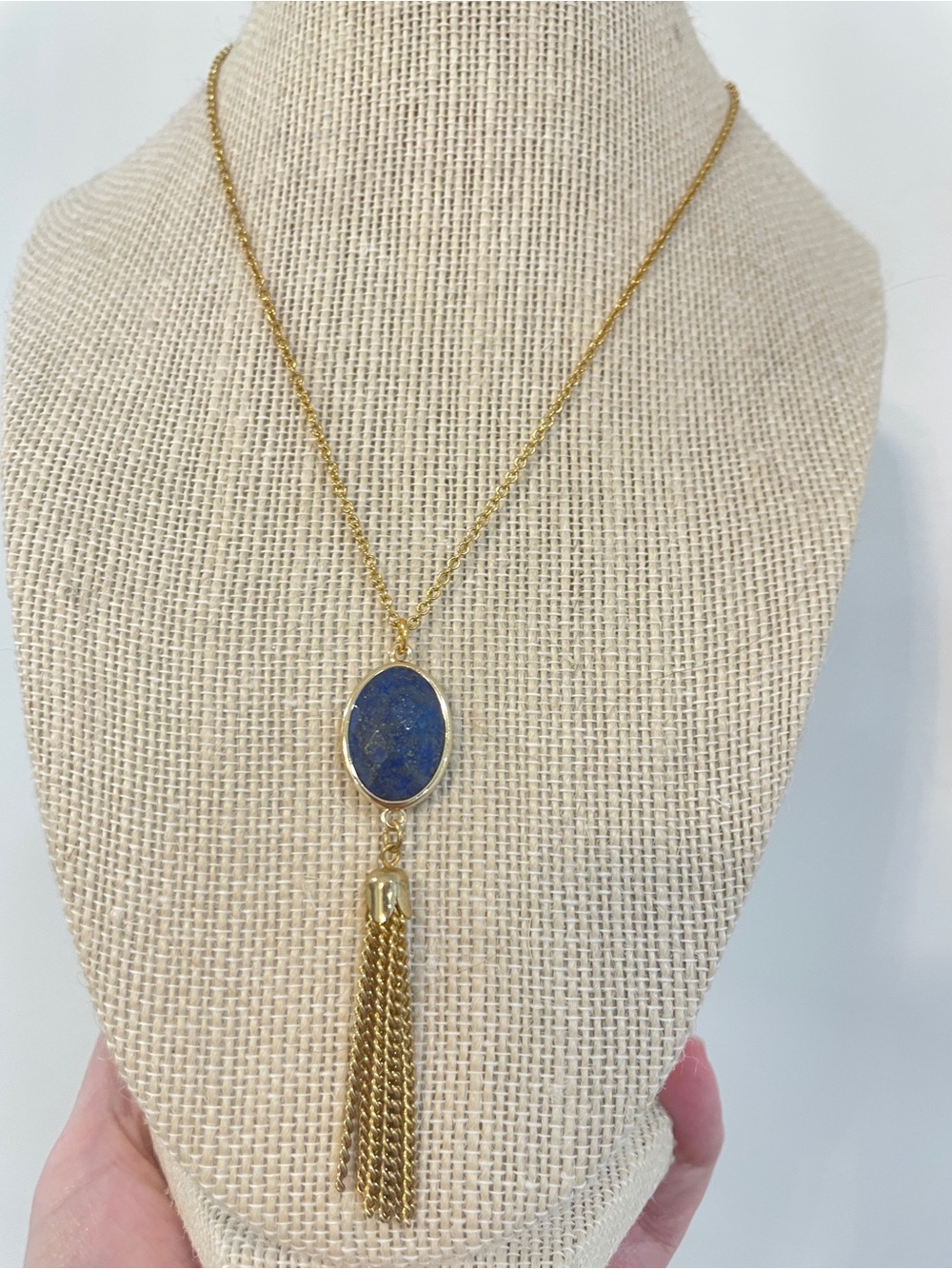 Gold Tassel Necklace Blue Lapis Stone Pendant Long Chain Boho Statement Jewelry